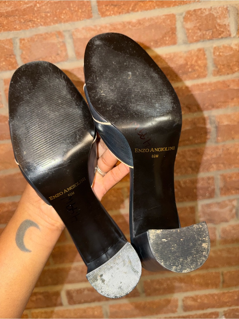 Enzo Angiolini Navy Leather Bow-Trim Block Heel Mules - Picture 7 of 7